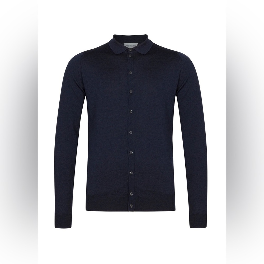 John Smedley Roston Merino Wool Cardigan in Navy Size L Quiet Luxury Knitwear